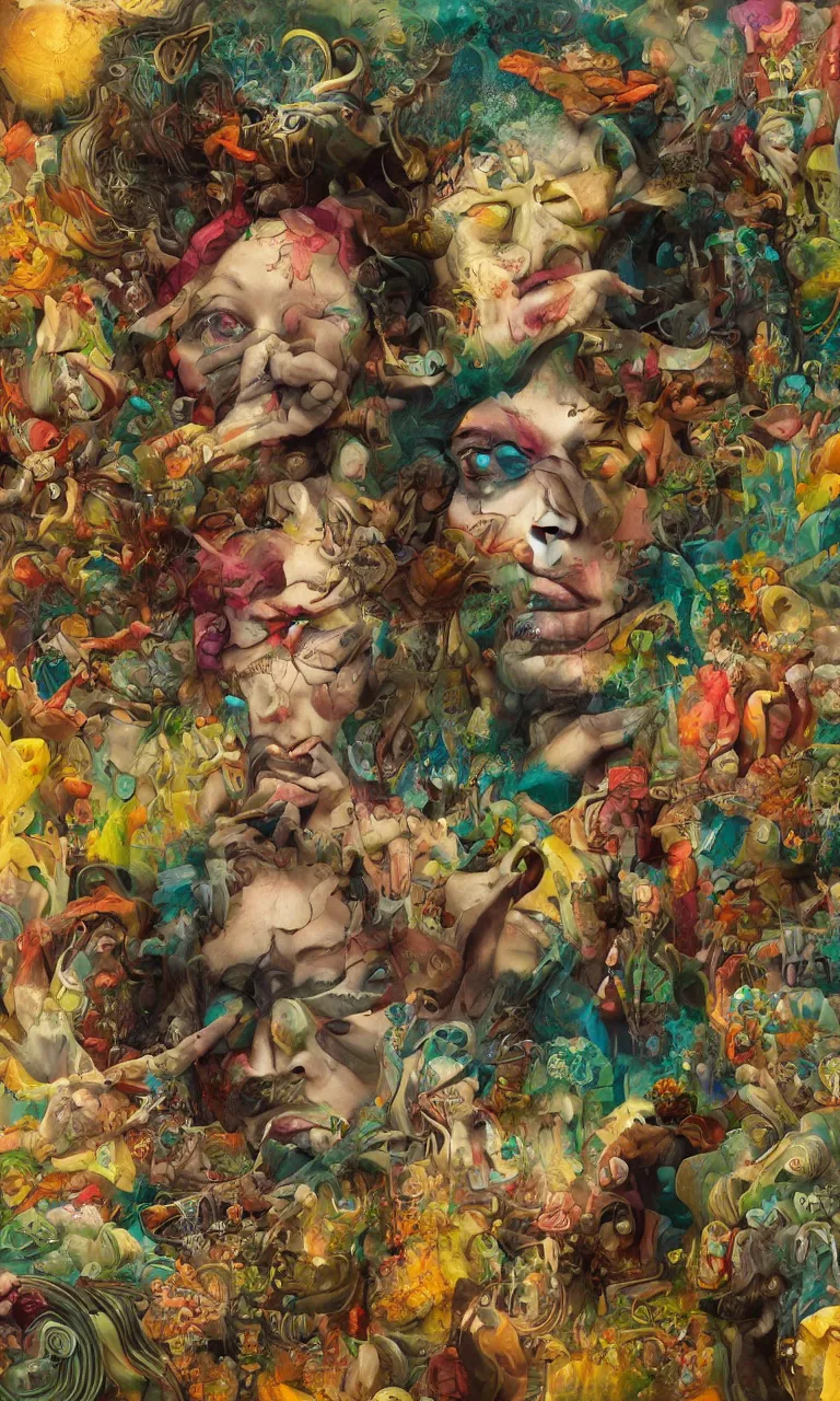 Prompt: mixed media collage, avant-garde, crazy faces, bad dream, intense colours, vibrant and vivid color, Digital art, hyper detailed, hyper realistic, bizarre, insane, in the style of Henri Rousseau, Peter Mohrbacher, rutkowski, Marc Simonetti, Jean Giraud, victo ngai, 8k