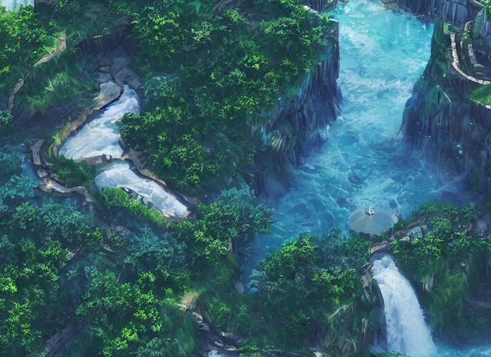 Image similar to an epic makoto shinkai landscape with a waterfall, aerial view, in the style of graffuturism and watercolor, octane render