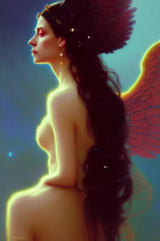 Image similar to beautiful portrait oil painting, ombre velvet gown, beautiful elegant bird woman with wings, portrait, dramatic light on face, long hair, tiara, dozens of jeweled necklaces, by greg rutkowski, brom, anato finnstark, alphonse mucha, oil painting, highly detailed, cinematic lighting, unreal,