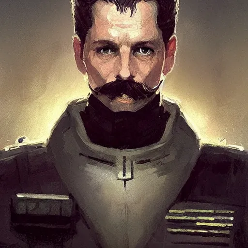 Image similar to portrait of a man by greg rutkowski, british features, short black hair in military style, moustache, tall, star wars expanded, universe, he is about 4 0 years old, wearing imperial captain uniform, artstation hq