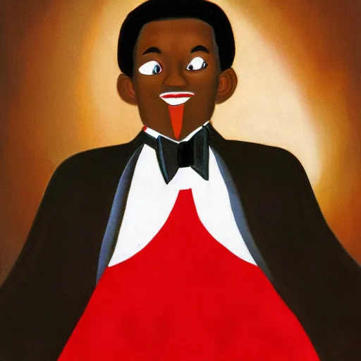 Image similar to realistic photo portrait of a black male anthropomorphic fox with long black hair over his collar bone, wearing a dark red colored tuxedo