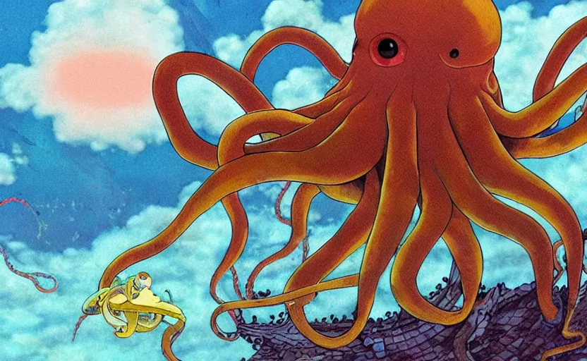 Image similar to a realistic cell - shaded studio ghibli concept art from paprika ( 2 0 0 6 ) of a flying multi - colored octopus from close encounters of the third kind ( 1 9 7 7 ) and dimensional portal to another world above a flooded temple complex on a misty starry night. very dull colors, wide shot, hd, 4 k, hq