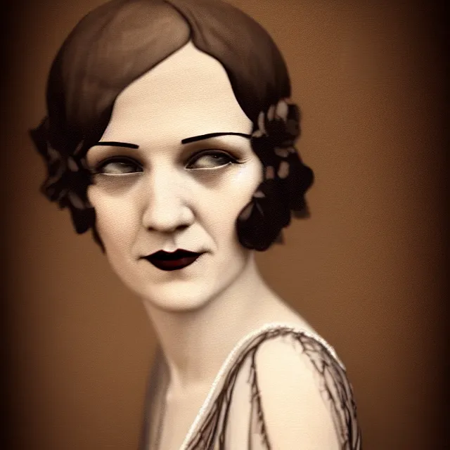 Image similar to a portrait photo of a 1 9 2 0 s woman with a slight smile in a flapper dress, atmospheric lighting, painted, sepia, intricate, ultra detailed by leesha hannigan, thierry doizon, kai carpenter, well composed, best on artstation, cgsociety, epic, stunning, gorgeous, intricate detail, wow, masterpiece