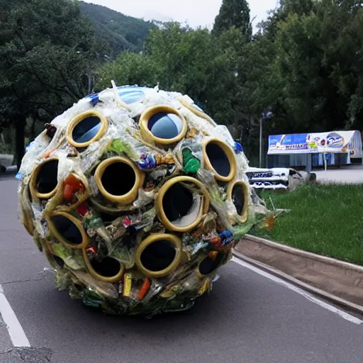 Image similar to enormous alien mothership made from plastic garbage