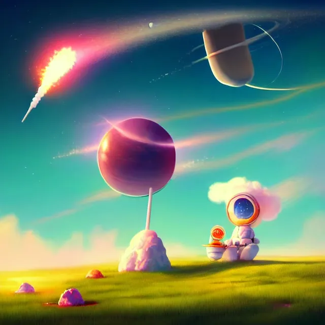 Prompt: epic professional digital art of a marshmallow rocket landing on a cheery candy planet landscape, best on artstation, breathtaking, epic, stunning, gorgeous, much detail, much wow, cgsociety, wlop, pixiv, behance, deviantart, masterpiece