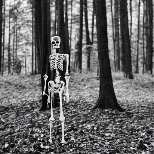 Image similar to extra close-up, bw film photography, portrait of skeleton standing in a forrest, film photo