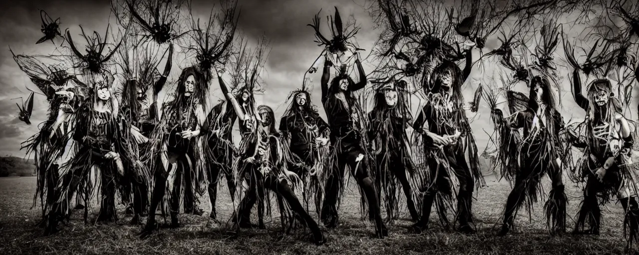 Image similar to award-winning photography of a rock black metal group with costumes inspired by insects, playing music in a concert