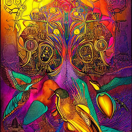 Image similar to Looking at the nature of existence to explore metaphysical naturalism through the lens of Mesoamerican cultural archetypes. Chaos, Hummingbird, Metalic Sheen, Etching, Hand Drawn, Sub Surface Scattering, Steampunk, Mesoamerican, artsy magazine illustration aesthetic, Juxtapoz magazine illustration aesthetic, trending on artguide New York