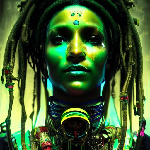 Prompt: Cyberpunk rasta woman, dark atmosphere, cinematic shot, intricate, ornate, photorealistic, ultra detailed, realistic, 35mm, photography, neon, octane, high definition, depth of field, bokeh, 8k, artstation, (alphonse mucha), (hr giger)