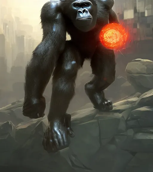 Prompt: a cybernetic gorilla smashing a boulder, sci-fi, octane render, character splash art, fighting pose, action pose, digital painting, WLOP, trending on artstation, 8k, epic composition, highly detailed, sharp focus