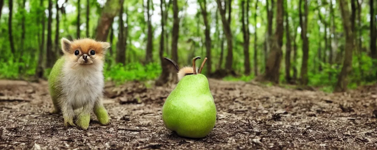 Image similar to a cute green pear animal walking in front of a forest, and looking at the camera; nature photography