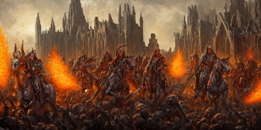 Image similar to highly detailed portrait painting of an ancient elves on hell horses war battle, abbey warhammer battle, old abbey in the background, carhedrals, giant columns, by eddie mendoza and liang xing, 8 k resolution