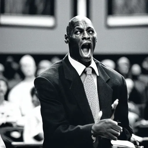 Image similar to a cinematic still of Michael Jordan preaching to a church congregation in 1998, shallow depth of field, portrait, 40mm