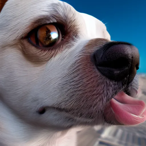 Image similar to Selfie of a dog, first-person view, fisheye lens, photorealistic imagery, trending on artstation, 4k, 8k