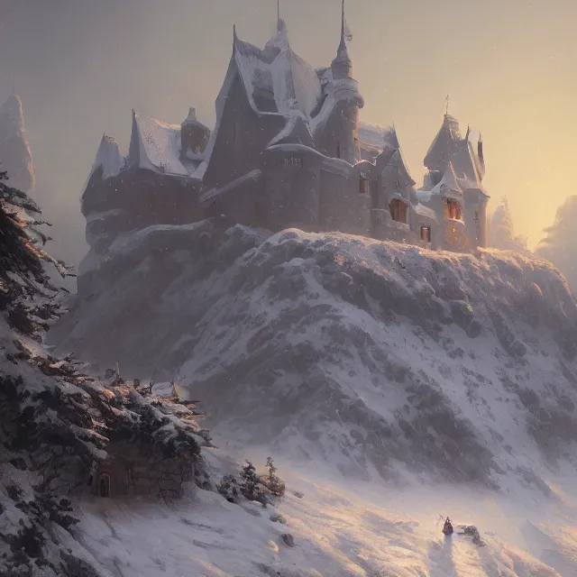 Prompt: a painting of a castle in the middle of a snowy mountain, a detailed matte painting by andreas rocha and greg rutkowski, dusk, featured on artstation, fantasy art, matte drawing, matte painting, artstation hq