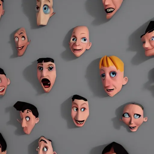 Prompt: low poly, pixar, horror house children faces on wall