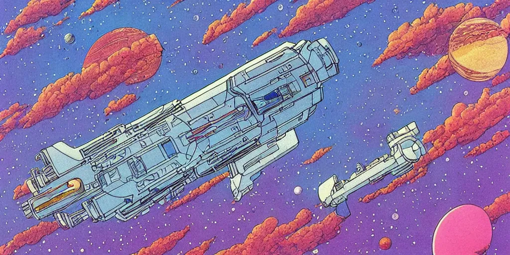 Prompt: beautiful sky cosmic stars spaceship illustration, art by ghibli moebius, comics art