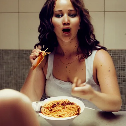 Image similar to fat jennifer lawrence eating spaghetti in the bathroom