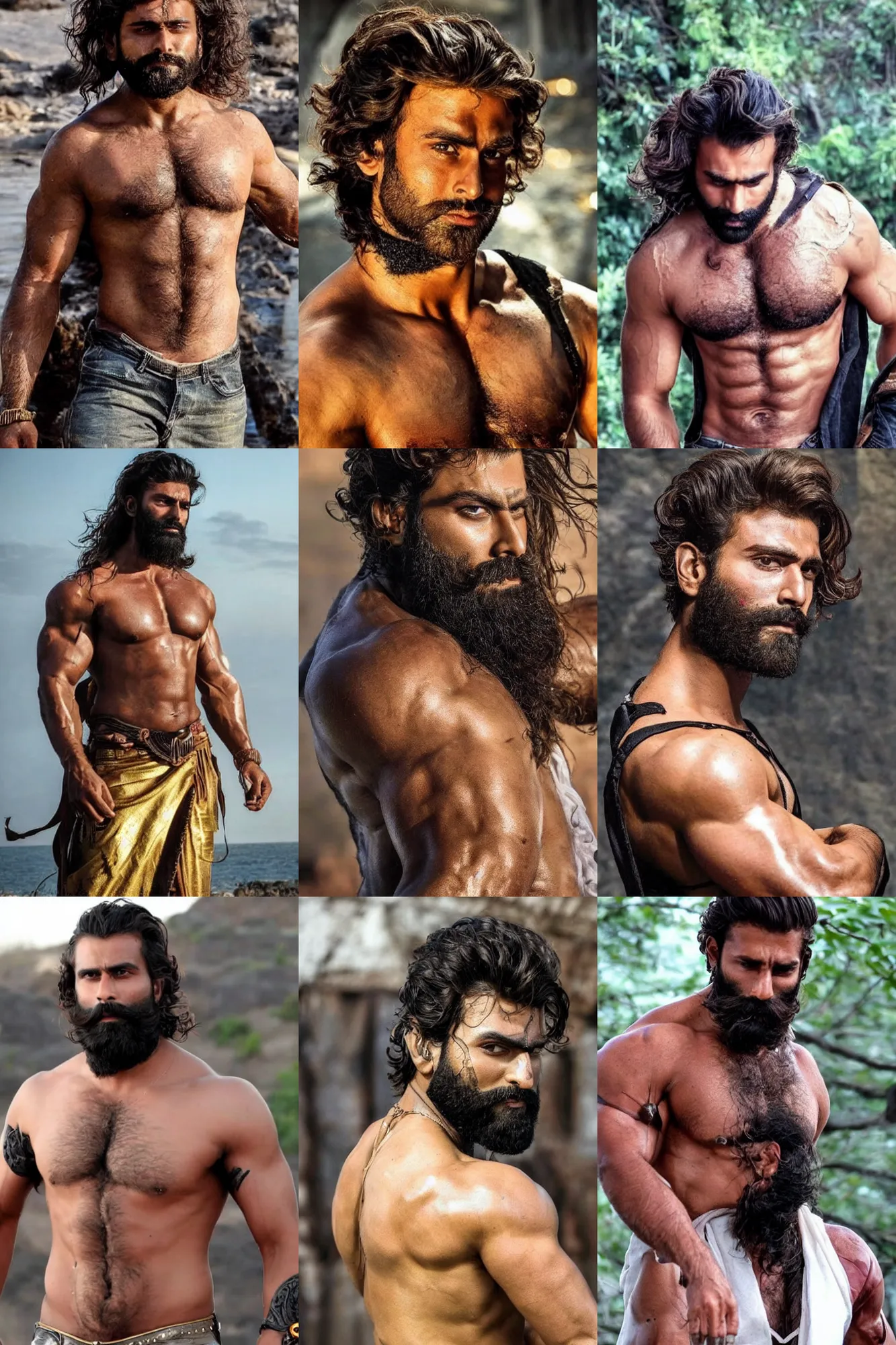 Prompt: beautiful gigachad with slick brown beard, wavy hair, huge glistening muscles, many scars, wearing golden armour. bollywood action movie still.