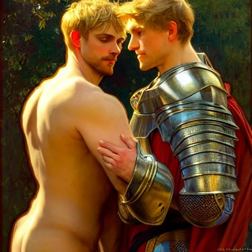 Image similar to attractive arthur pendragon and his attractive male knight, they are in love, natural lighting, path traced, highly detailed, high quality, digital painting, by gaston bussiere, craig mullins, alphonse mucha j. c. leyendecker