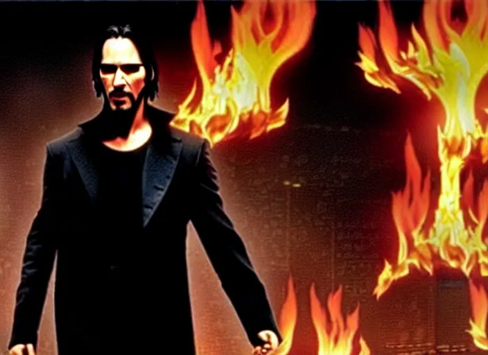 Image similar to A photo of Keanu Reeves as Neo in The Matrix movie doing a thumb up to the camera in front on burning servers, servers in flames in the background, doing a thumb up, The Matrix servers on fire, uncropped, full body, crispy, symmetrical face, ultra detailed, cinematic