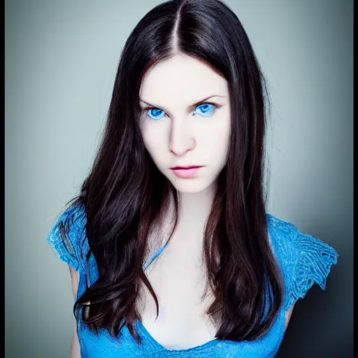 Image similar to beautiful dark haired woman with pale skin and blue eyes