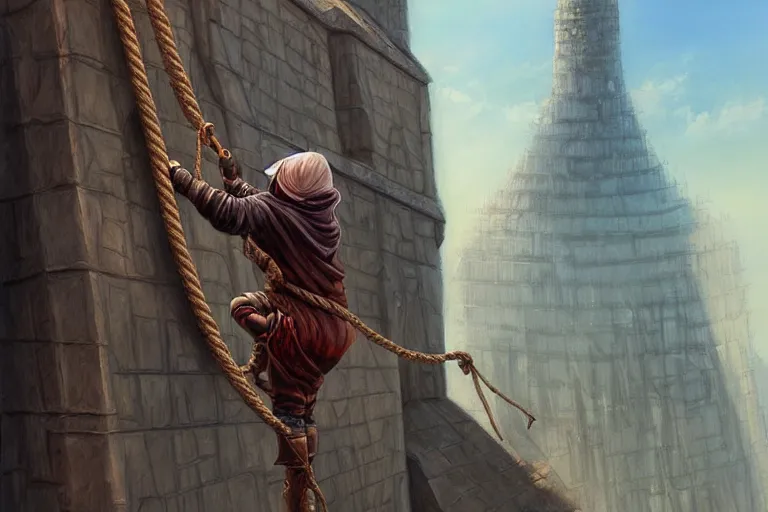 Prompt: landscape painting of a hooded thief in leathers using a rope to climb a tall building inside a fantasy city, fine details, magali villeneuve, artgerm, rutkowski