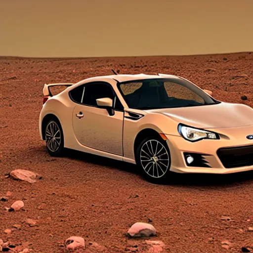 Prompt: a subaru brz, on the surface of mars, photography