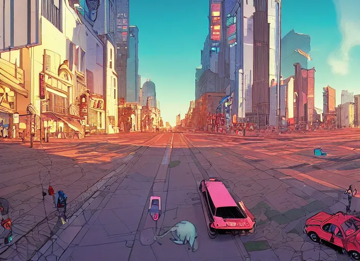 Image similar to wide view of a city, on the street, no cars. sharp focus, cinematic pose, cinematic lighting, unreal engine render. art by josan gonzales and moebius and deathburger.