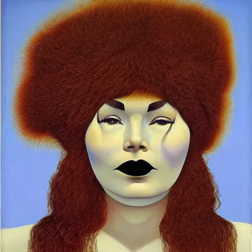 Prompt: very detailed portrait of bjork wearing dramatic makeup. painted by rene magritte, 1 9 2 7. oil on canvas.