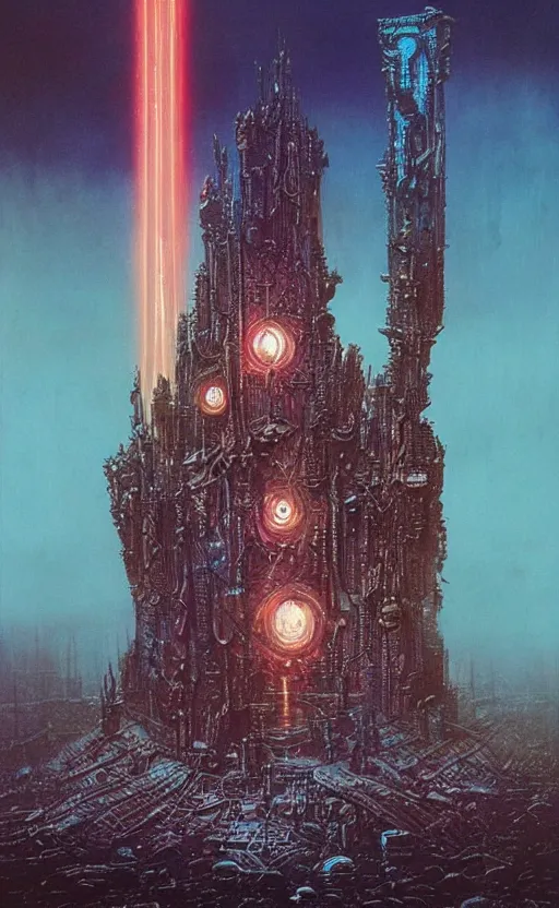 Image similar to warhammer 4 0 k rainbow golden dark eldritch monument with strange cyberpunk glowing symbol rising from a futuristic city into the sky by beksinski, high detail hyperrealistic