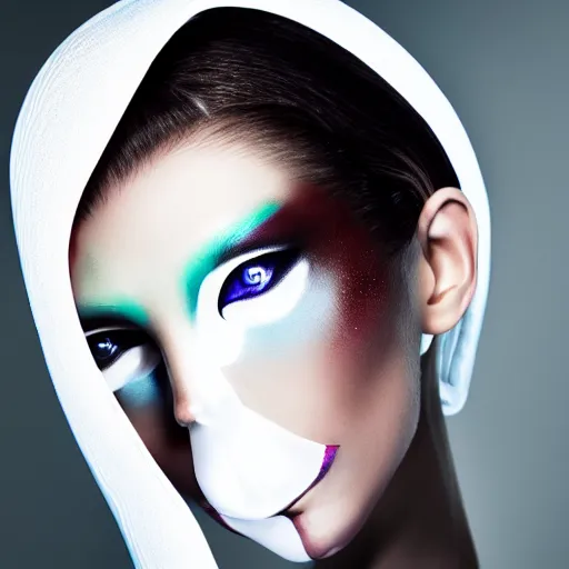 Image similar to high fashion photography of a model in neo futurism white sci - fi makup, transparent cloth, beautifully lit