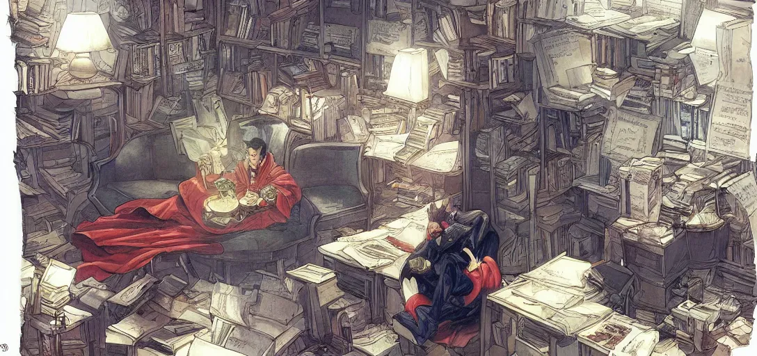 Prompt: a sad dr strange sitting alone in his room in a large chair, books messy about the room, sad, somber, by Stanley Artgerm Lau, WLOP, Rossdraws, James Jean, Andrei Riabovitchev, Marc Simonetti, krenz cushart