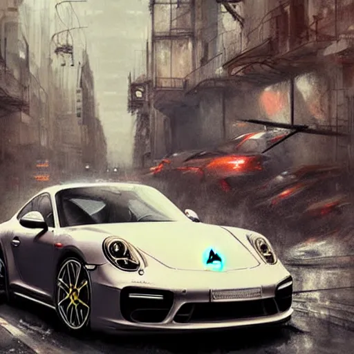 Image similar to porsche in city, chaos, digital art,ultra realistic,ultra detailed,art by greg rutkowski