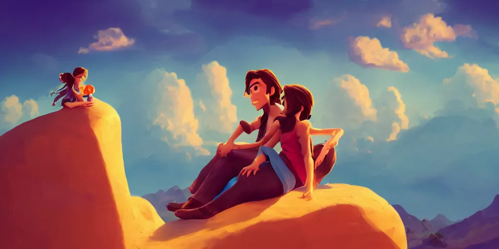 Prompt: conceptual art of a beautiful couple sitting on a cloud, mattepainting concept Blizzard pixar maya engine on stylized background global illumination lighting artstation in the style of The Road to El Dorado