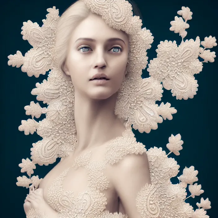 Image similar to photo portrait of a beautiful woman like a queen-flower-angel, dressed in long elegant intricate ornamental flowers white dress, natural skin tone, intricate fractal highly detailed flowers ornament in the upper side of breast, bust with a very long neck , elegant, highly detailed intricate flowers ornament in her blond long hair, Realistic, Refined, Highly Detailed, Cinematic pastel Lighting, fine art photography by Paolo Roversi, volumetric lighting, hyper realistic photography