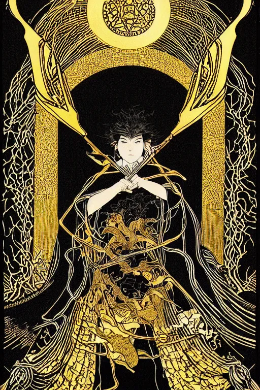 Prompt: highly-detailed vector image of a tarot card by takato yamamoto. natural light, light leaks. 8K HD wallpaper. Black 2.0, metallic gold, metallic silver color scheme.