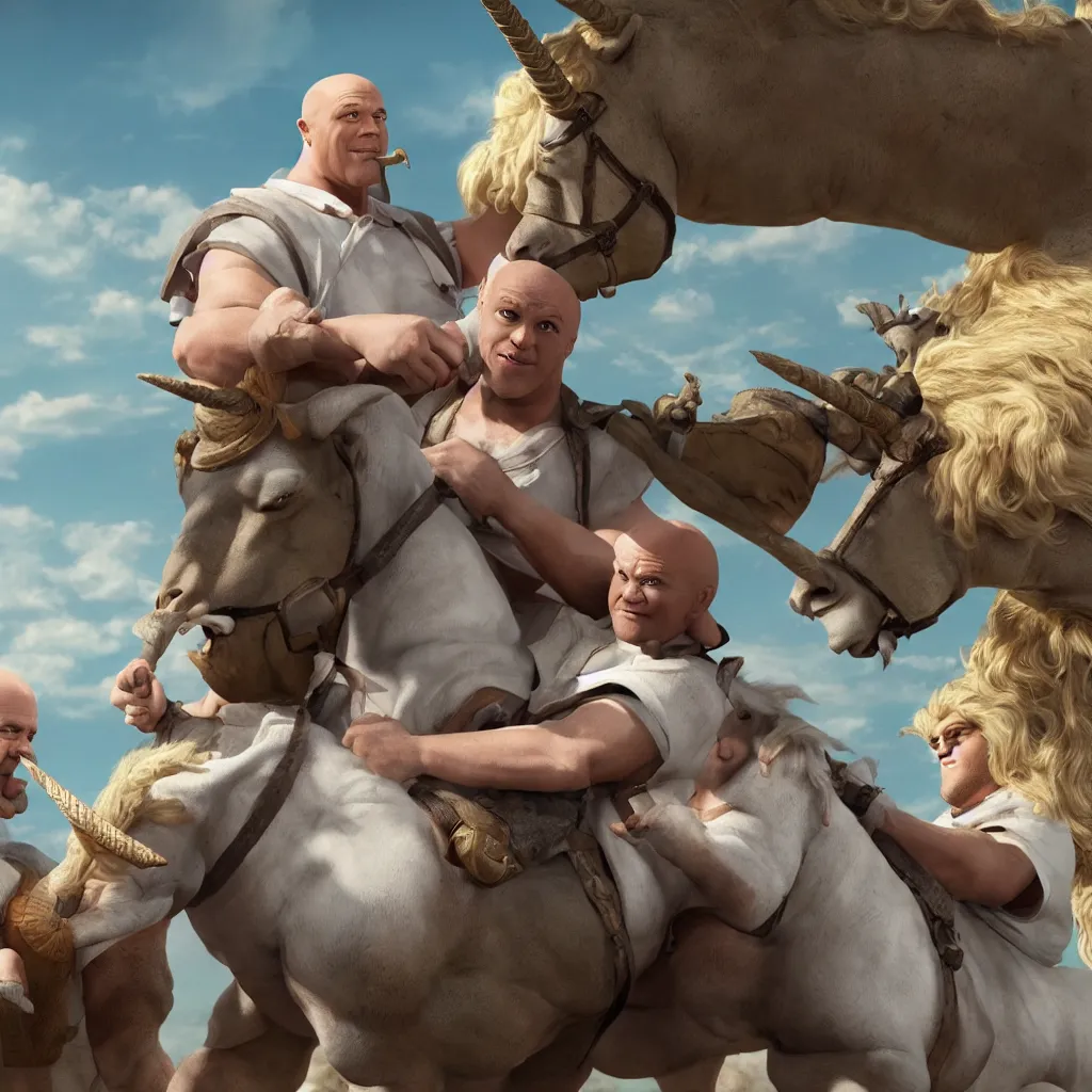 Image similar to Mr. clean riding a chubby balding blond guy and holding a unicorn toy, highly detailed, epic fantasy, film still, best shot, very long shot, 8K Imax