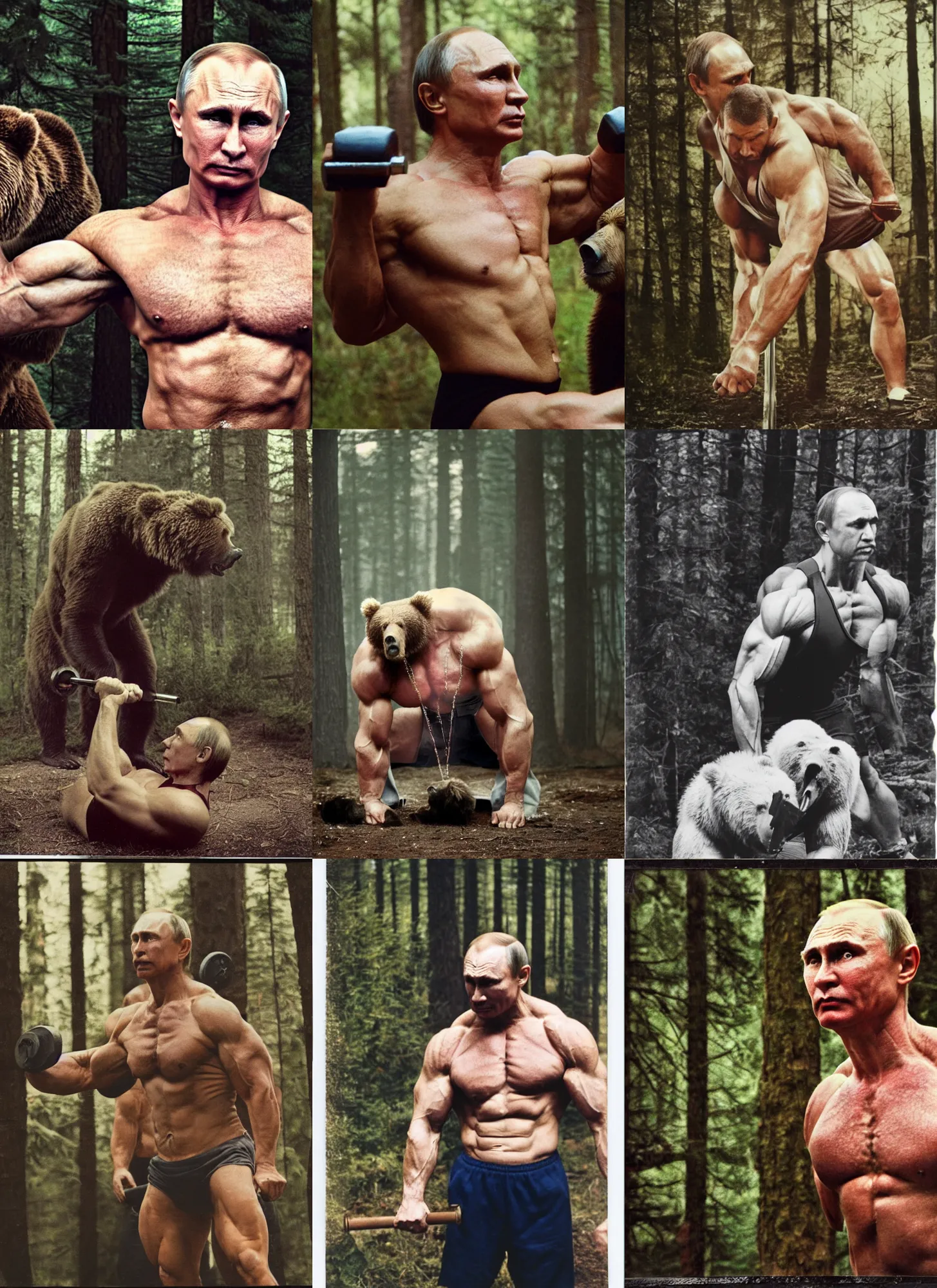 Prompt: medium close up shot, very muscular angry vladimir putin pumping iron with oversized grizzly bear, in woods, polaroid color photo, vintage, neutral colors, by gregory crewdson