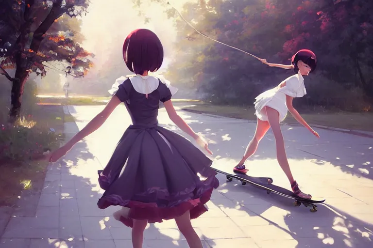 Image similar to A ultradetailed beautiful panting of a stylish woman in a maid outfit skateboarding, Oil painting, by Ilya Kuvshinov, Greg Rutkowski and Makoto Shinkai