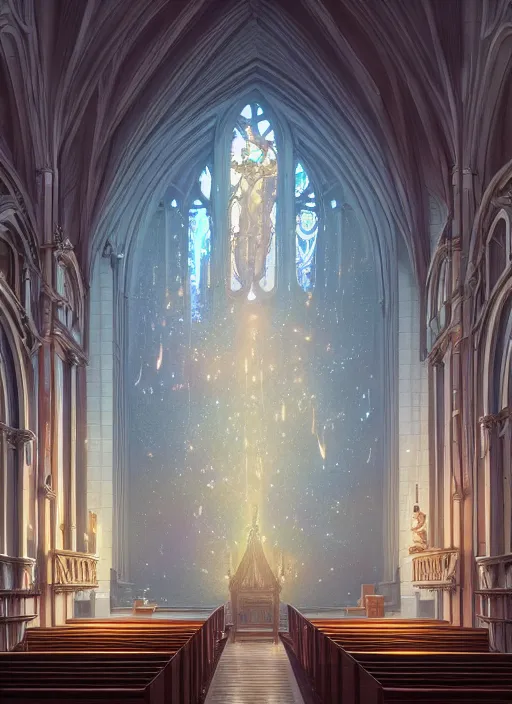 Image similar to highly detailed church, stephen bliss, unreal engine, greg rutkowski, loish, rhads, beeple, makoto shinkai and lois van baarle, ilya kuvshinov, rossdraws, tom bagshaw, alphonse mucha, global illumination, radiant light, detailed and intricate environment