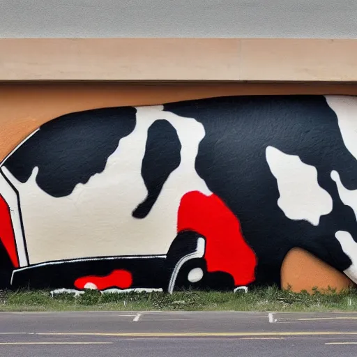 Prompt: cow driving a car, street art style, 4 k