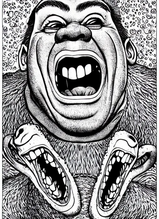 Image similar to portrait of shrek laughing, intricate, highly detailed, illustration, art by junji ito, junji ito