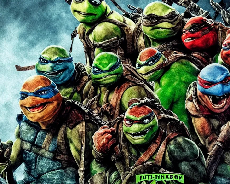 Prompt: a horror movie poster featuring teenage mutant ninja turtles