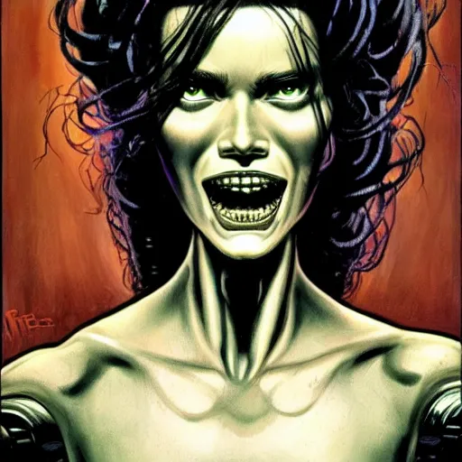 Image similar to a beautiful cybernetic woman with wires for hair, glowing eyes, razor sharp teeth, horror, natural lighting, style of bernie wrightson, style of richard estes, masterpiece, epic. hyper realism, fauvism