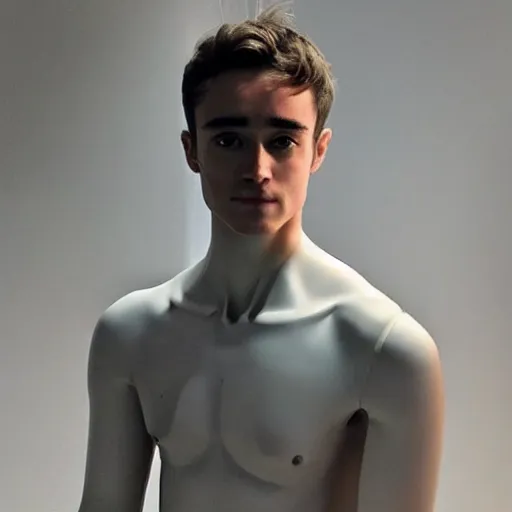 Image similar to “a realistic detailed photo of a guy who is an attractive humanoid who is half robot and half humanoid, who is a male android, Charles Leclerc, shiny skin, posing like a statue, blank stare”