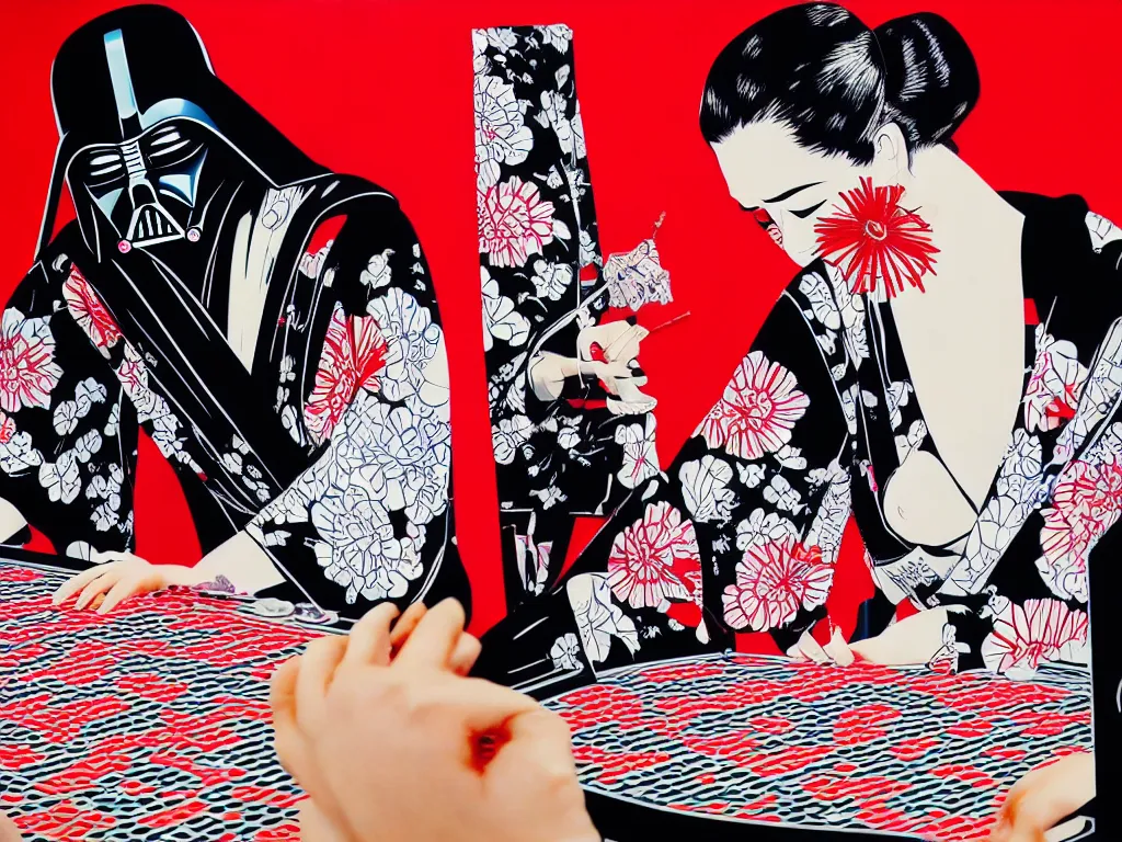 Image similar to hyperrealism composition of the detailed woman in a japanese kimono sitting at an extremely detailed poker table with darth vader, fireworks and folding screen on the background, pop - art style, jacky tsai style, andy warhol style, acrylic on canvas