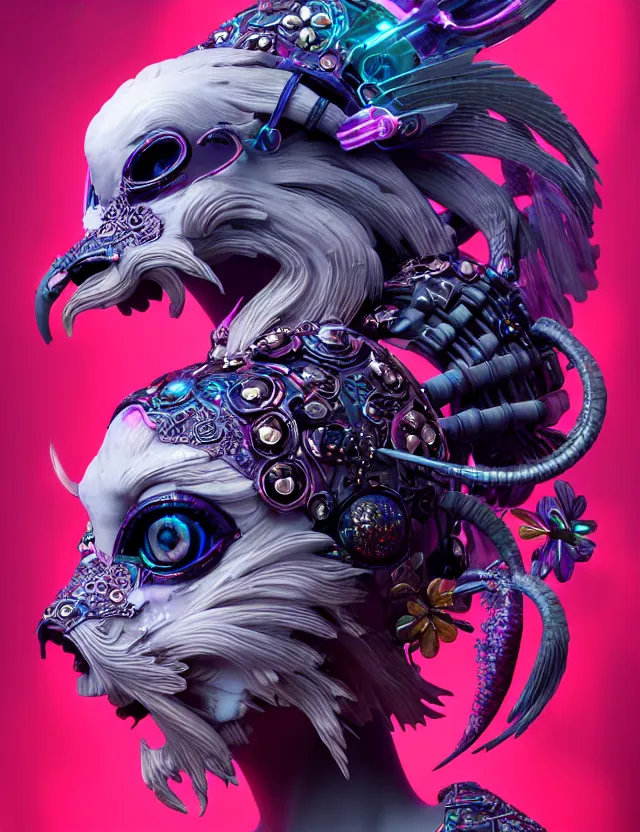 Prompt: 3 d goddess close - up profile portrait cyberpunk with ram skull. beautiful intricately detailed japanese crow kitsune mask and clasical japanese kimono. betta fish, jellyfish phoenix, bio luminescent, plasma, ice, water, wind, creature, artwork by tooth wu and wlop and beeple and greg rutkowski