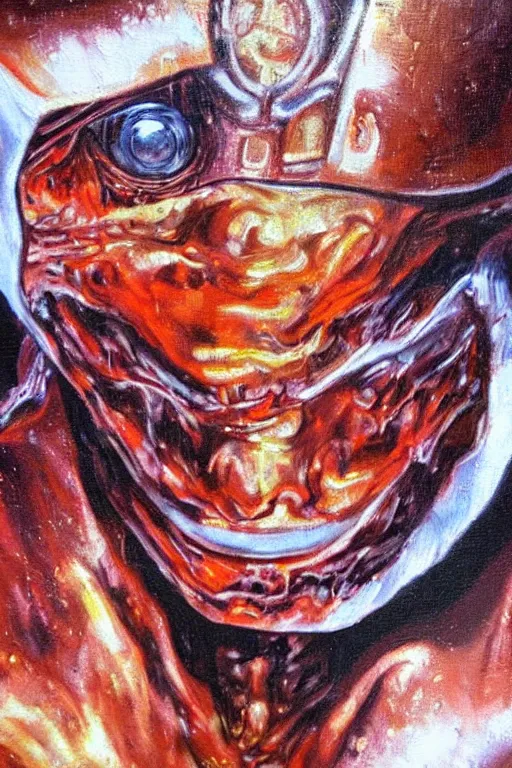 Image similar to oil painting, close-up, hight detailed, melting cyborg at red planet, in style of 80s sci-fi art