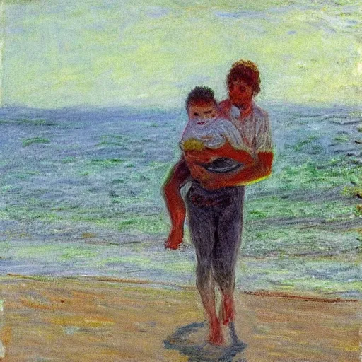 Prompt: a man carrying his child over his shoulders walking near the beach, anatomically correct, painting by monet, masterpiece